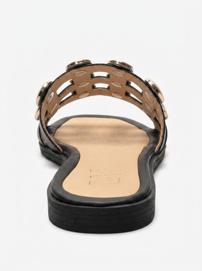 Bareon - Black Genuine Leather Buckled Band Slide (Women)