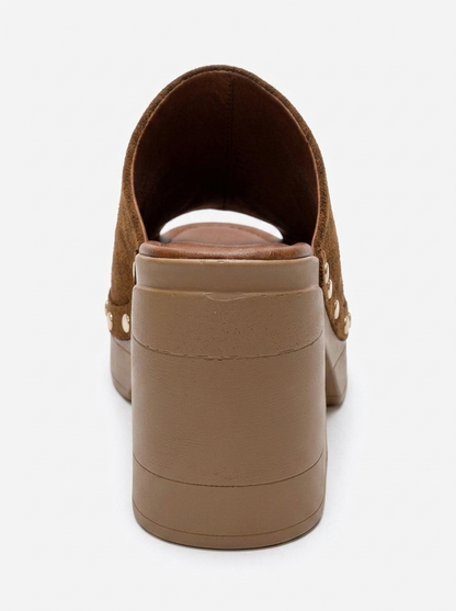 BELLUNE - Camel Genuine Leather Platform Block Heel Mule (Women)