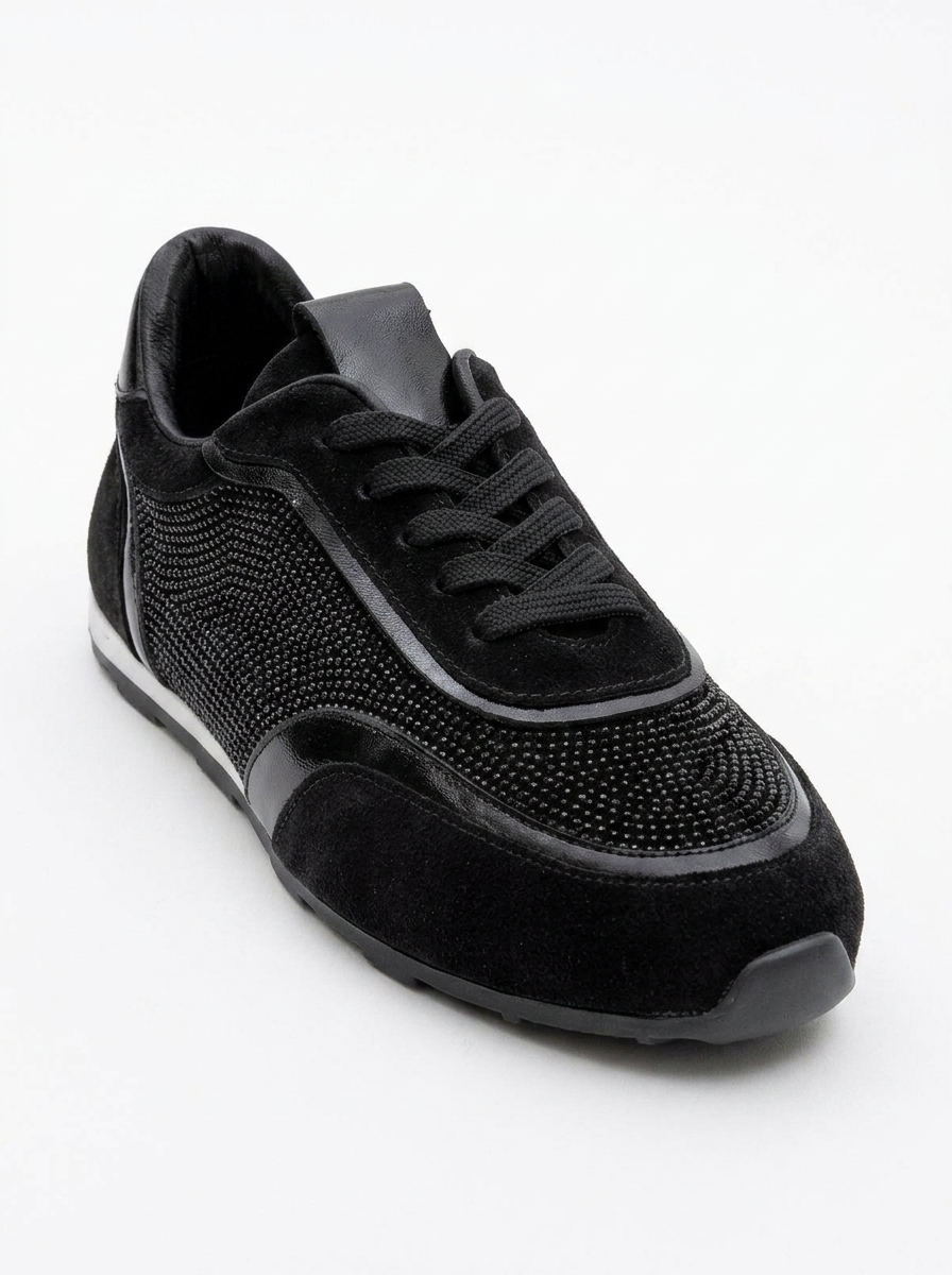 Bonia - Black Suede Rhinestone Leather Sneakers (Women)