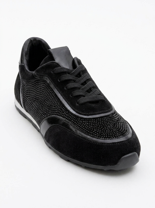 Bonia - Black Suede Rhinestone Leather Sneakers (Women)