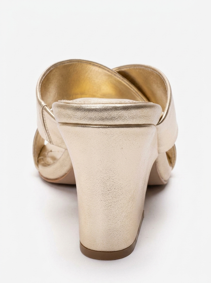 YAVIN - Gold Cross-Strap Block Heel Slide (Women)