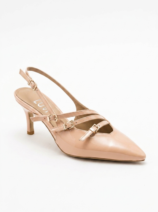 Magra Beige Patent Pointed-Toe Slingback Stiletto (Women)