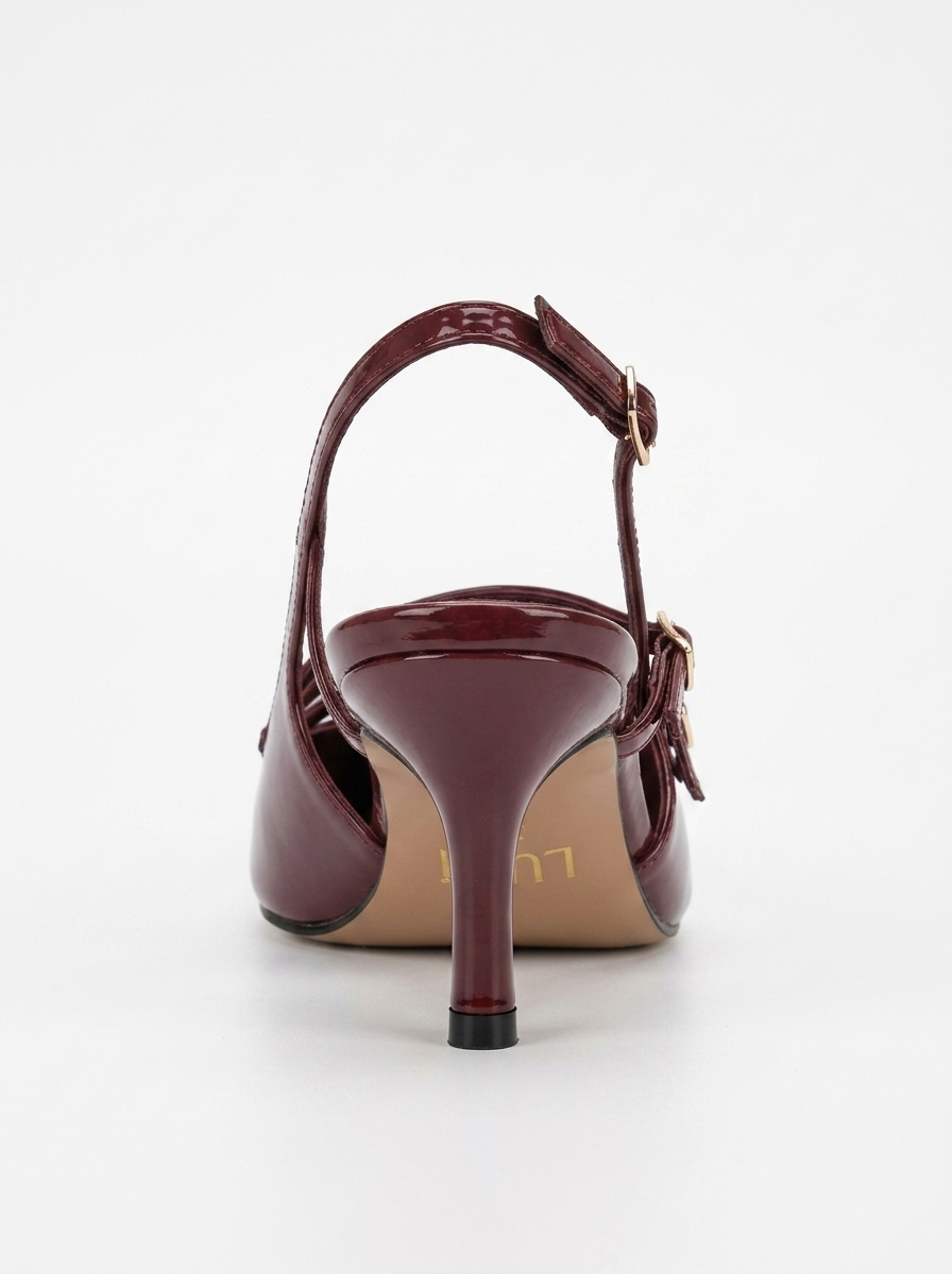 Tacón de aguja Magra Burgundy de charol con punta y tira trasera (mujer)