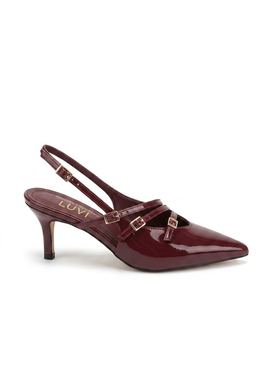 Tacón de aguja Magra Burgundy de charol con punta y tira trasera (mujer)