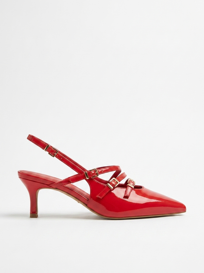 Tacón de aguja Magra de charol rojo con punta y pulsera (mujer)