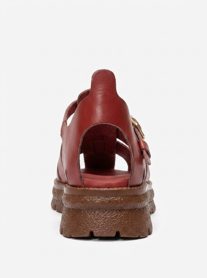 RIELA - Red Genuine Leather Multi-Strap Closed-Back Buckle Sandal (Women)