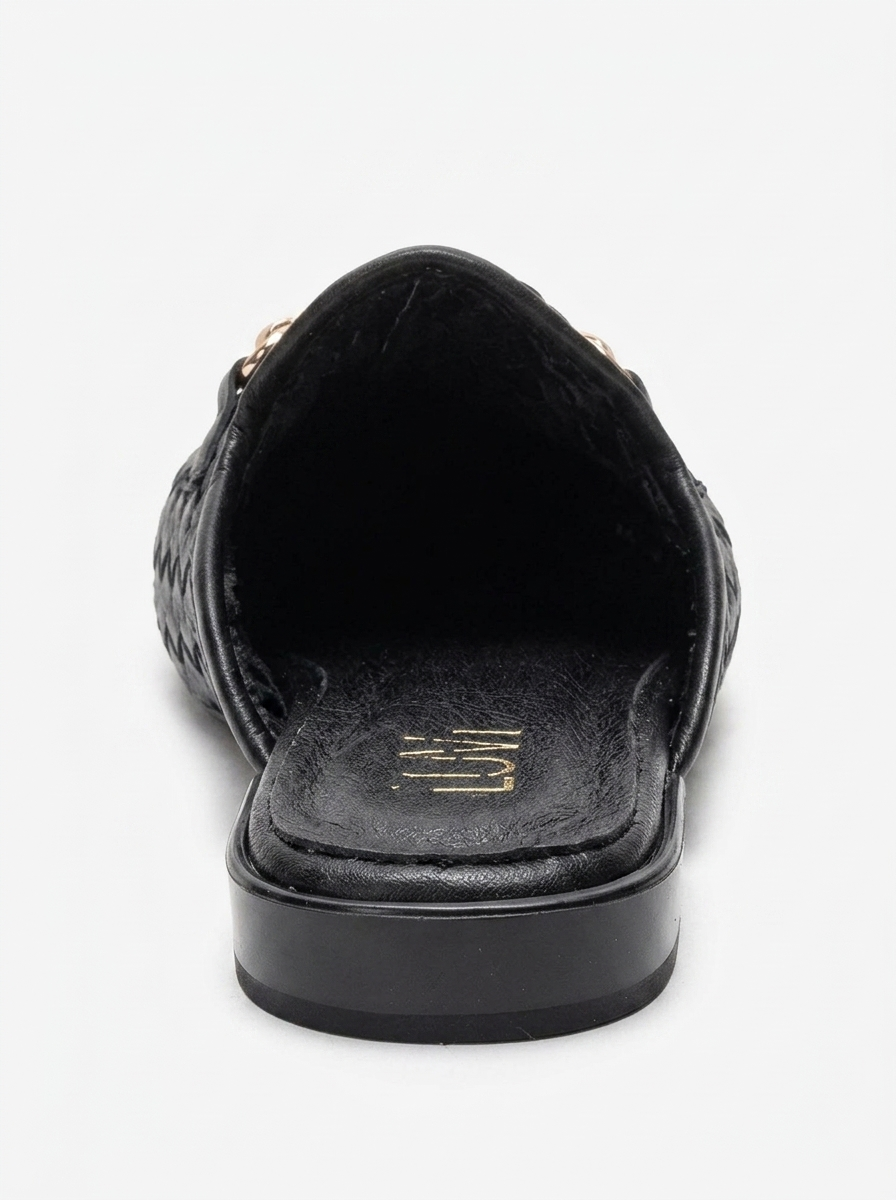 SENIA - Black Woven Genuine Leather Buckled Closed-Toe Mule (Women)
