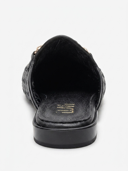 SENIA - Black Woven Genuine Leather Buckled Closed-Toe Mule (Women)
