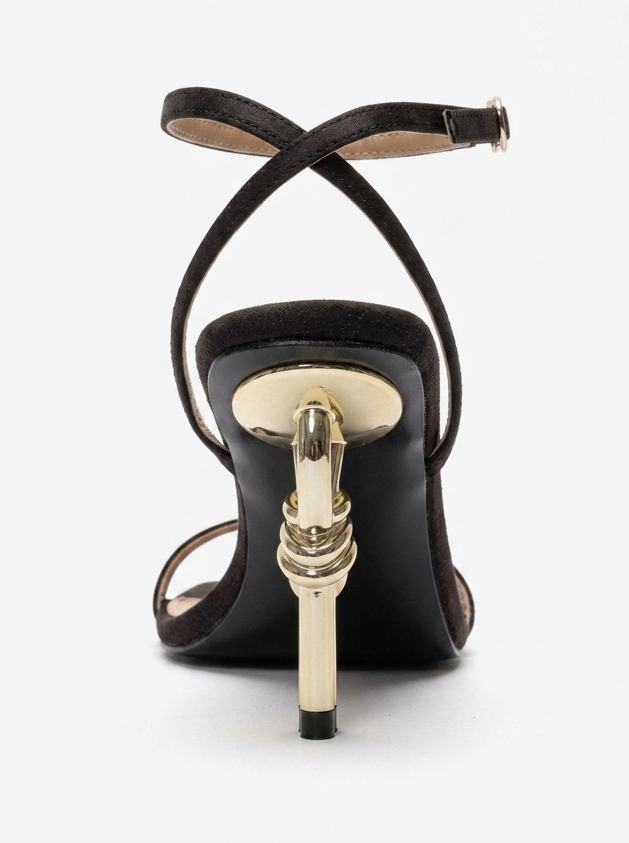 SONE - Black Satin Thin-Strap Gold-Heel Stiletto Pump (Women)