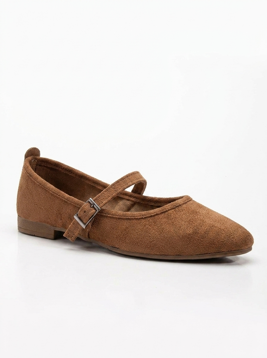 Emilie - Zapatos Planos Mary Jane de Ante Marrón Coñac