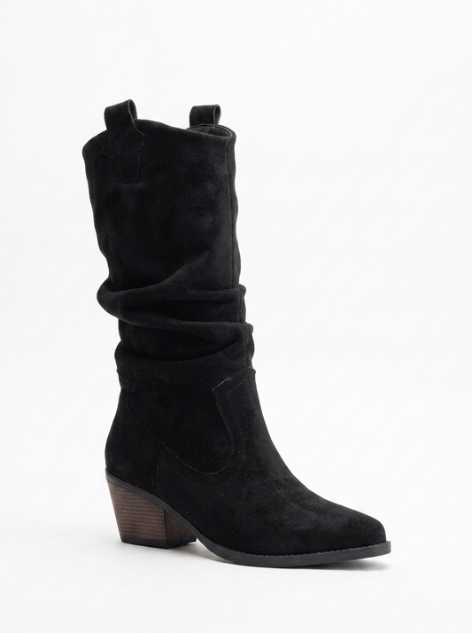 Bonnie - Black Suede Slouch Western Boots