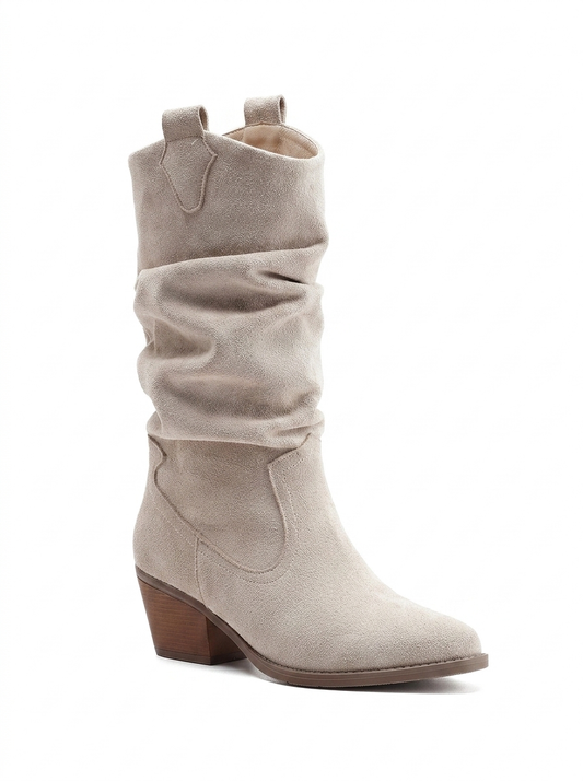 Bonnie - Beige Suede Slouch Western Boots