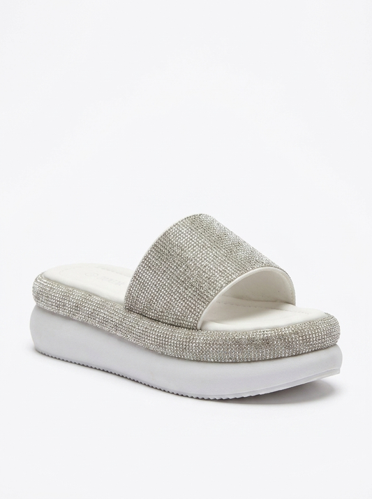 Oeste White Rhinestone Platform Slide (Women)