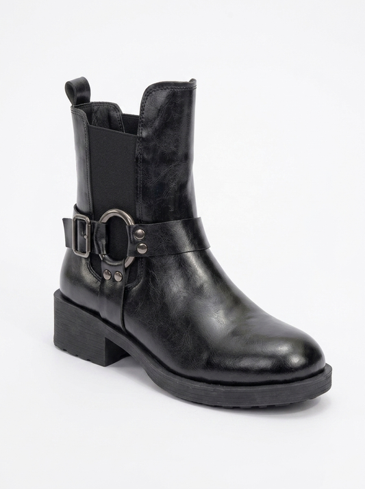 Stone - Black Buckled Zip Ankle Boot (Women)
