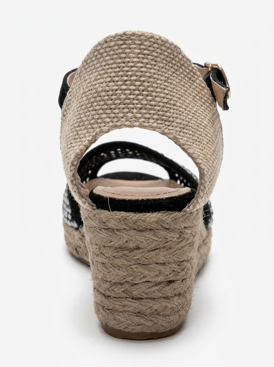 DRELIX - Black Genuine Leather Wedge Heel Espadrille Sandal (Women)
