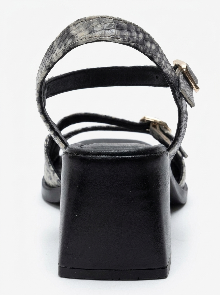 YOLEN - Black Patterned Genuine Leather Block Heel Sandal (Women)