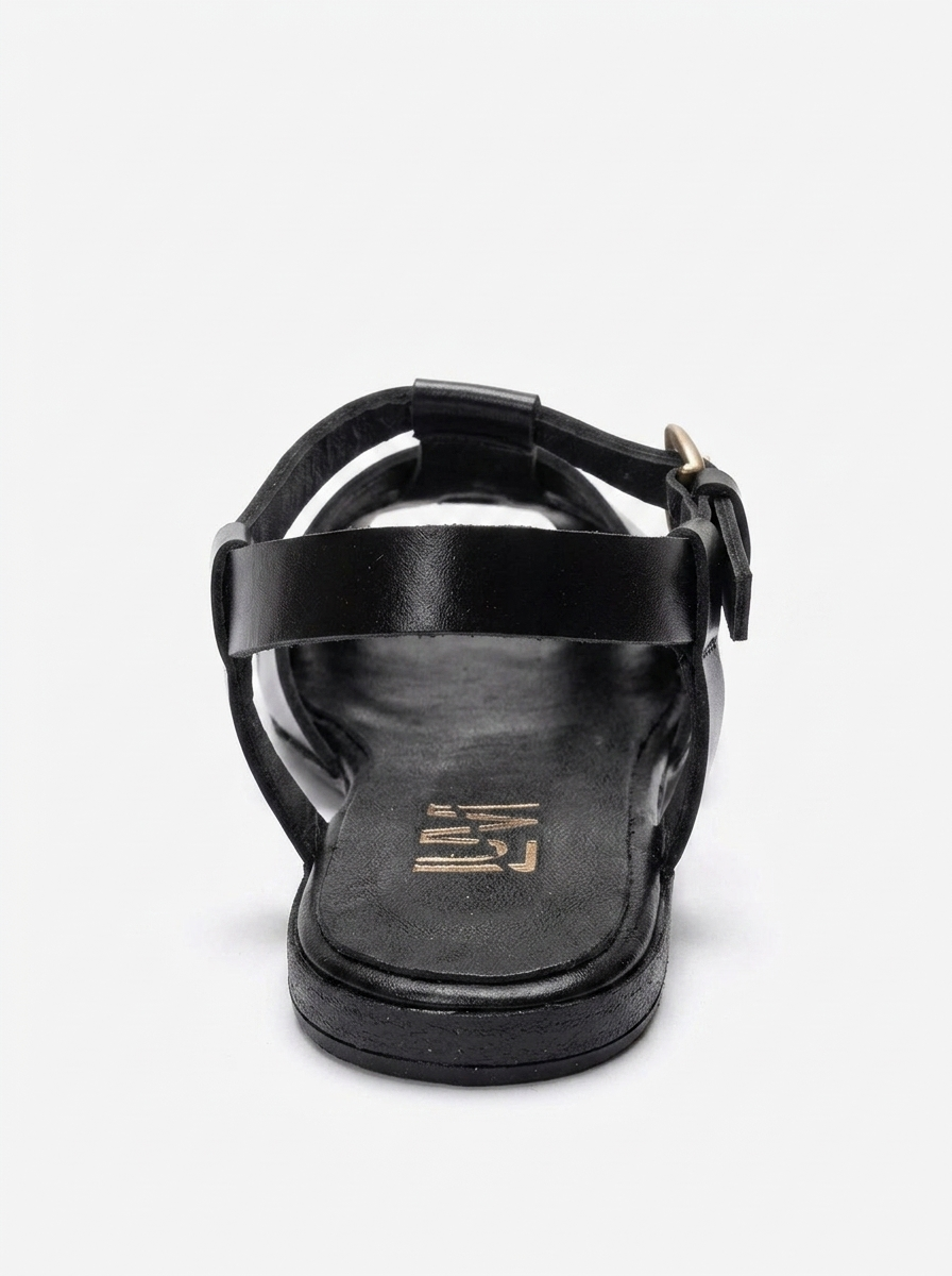 JANDOR - Black Genuine Leather Ankle-Strap Flat Sandal (Women)