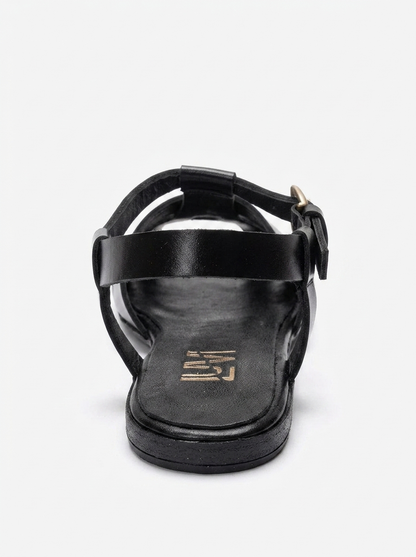 JANDOR - Black Genuine Leather Ankle-Strap Flat Sandal (Women)