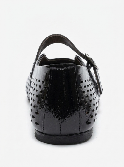 Arian - Black Genuine Leather Perforated Ballerina Flat (Women)