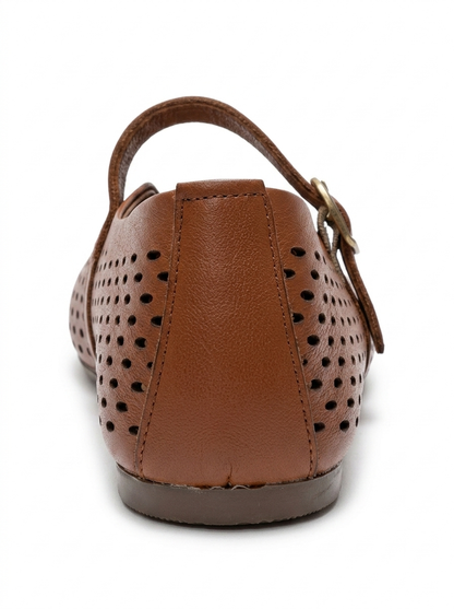 ARİAN - Cognac Genuine Leather Perforated Ballet Flat (Women)