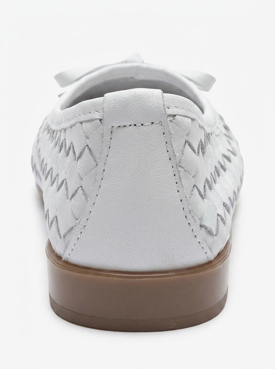 Garen - White Genuine Leather Woven Bow Ballerina Flat (Women)