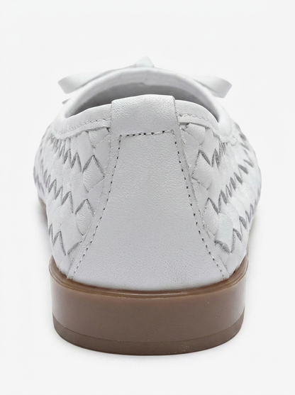 Garen - White Genuine Leather Woven Bow Ballerina Flat (Women)