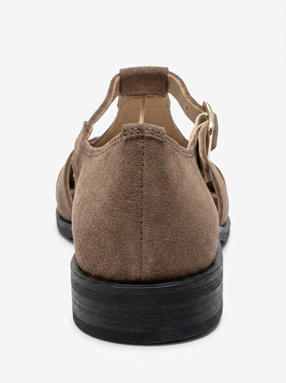 DEXARA - Taupe Genuine Suede Leather T-Strap Sandal (Women)
