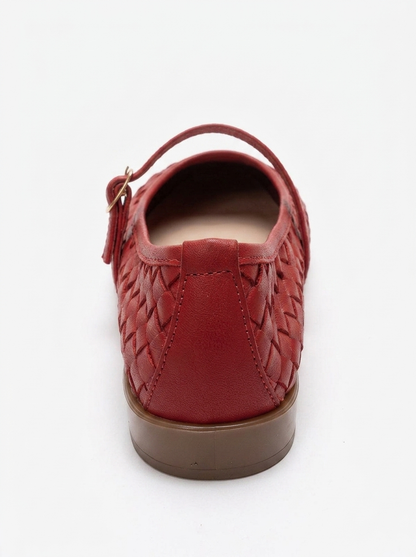 Yevora - Red Genuine Leather Woven Mary Jane Flat (Women)