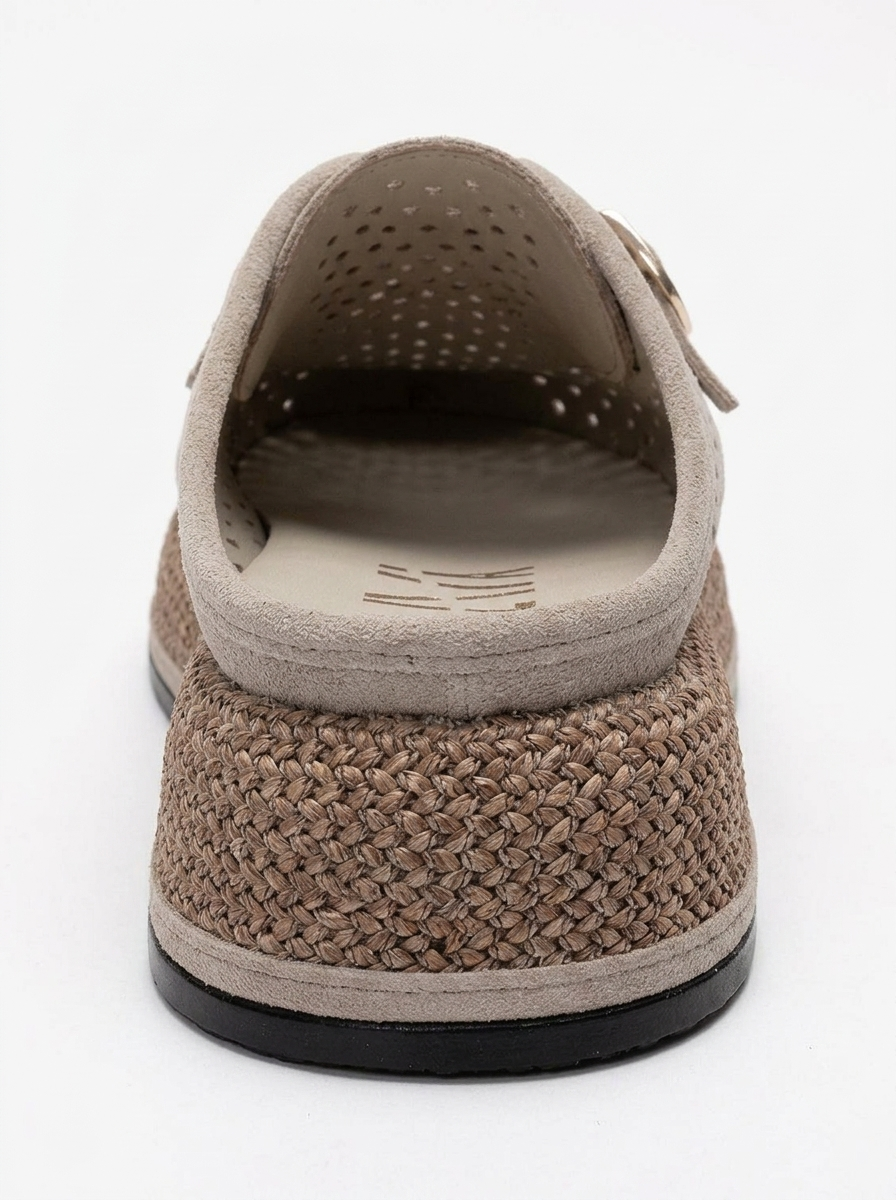Vone - Beige Suede Genuine Leather Buckled Closed-Toe Slide (Women)