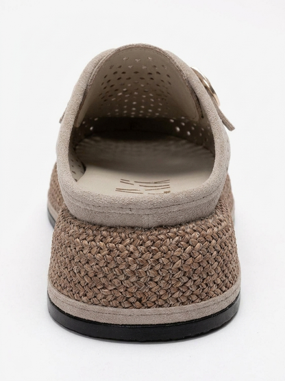 Vone - Beige Suede Genuine Leather Buckled Closed-Toe Slide (Women)