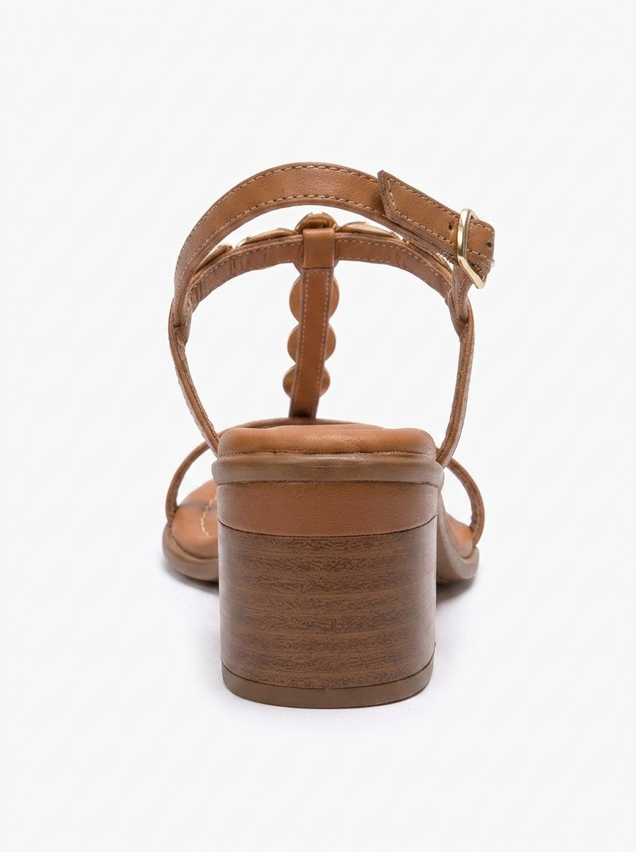 SERONA - Sandalia de Tacón Grueso con Hebilla de Cuero Genuino Cognac (Mujer)