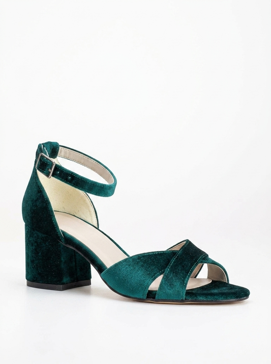 Aurora - Green Velvet Low Heel Sandals