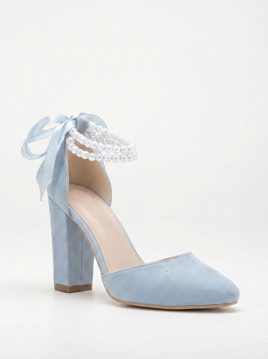 Denise - Baby Blue Suede Wedding Heels with Pearls