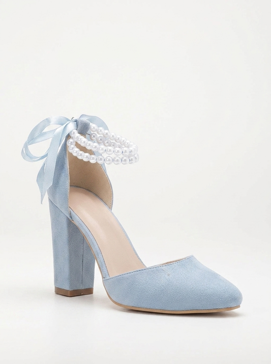 Denise - Baby Blue Suede Wedding Heels with Pearls