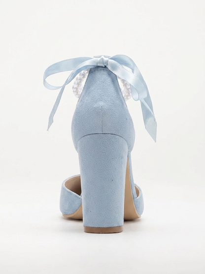 Denise - Baby Blue Suede Wedding Heels with Pearls