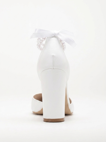Denise - White Wedding Heels with Pearls