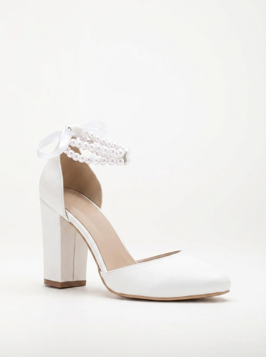 Denise - White Wedding Heels with Pearls