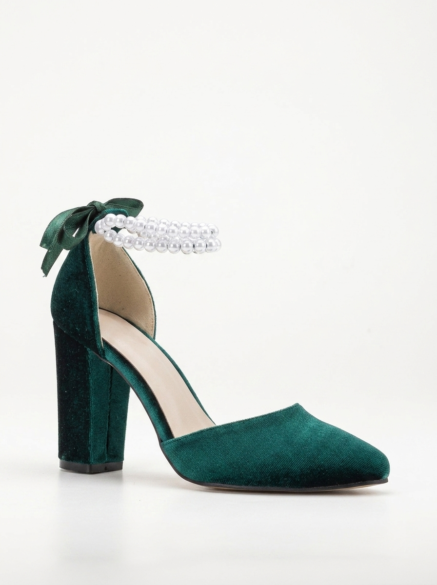 Denise - Emerald Green Heels with Pearls