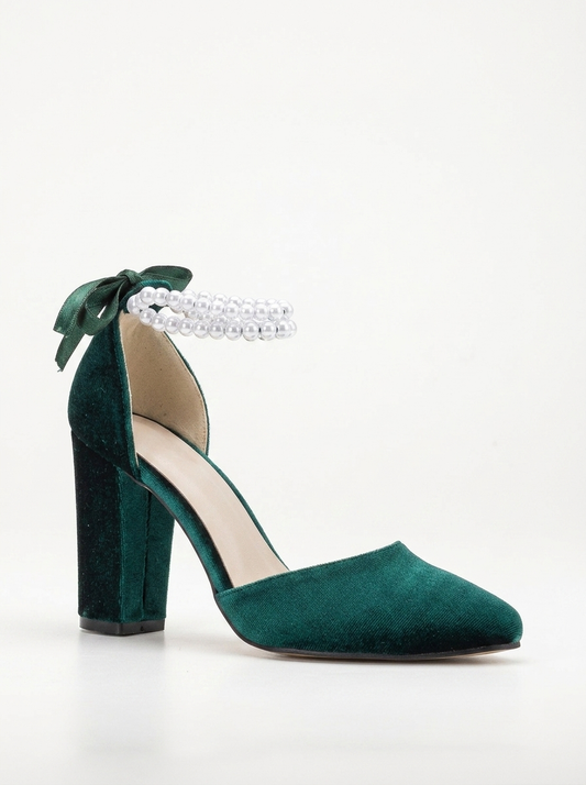 Denise - Emerald Green Heels with Pearls