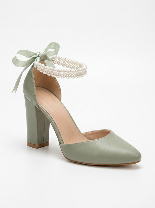 Denise - Sage Green Wedding Heels With Pearls