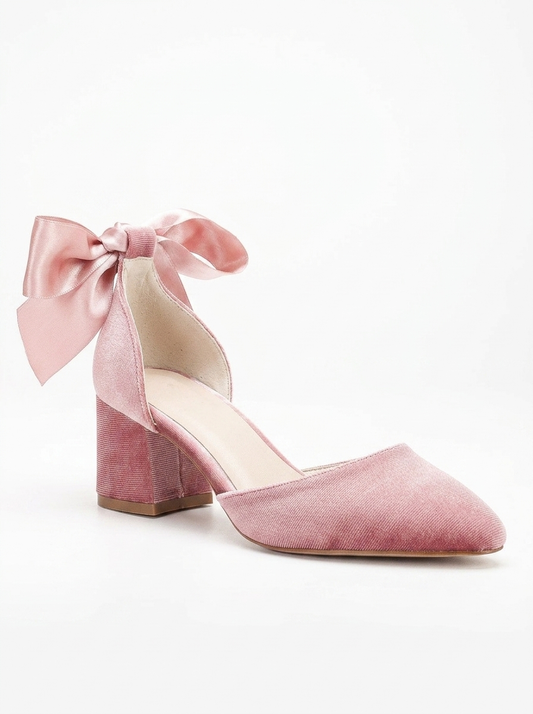 Fiona - Rose Velvet Low Heels with Ribbon