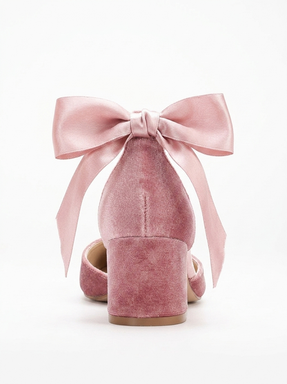 Fiona - Rose Velvet Low Heels with Ribbon