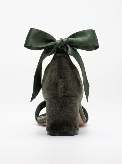 Hera - Olive Green Velvet Low Heel Sandals with Ribbon