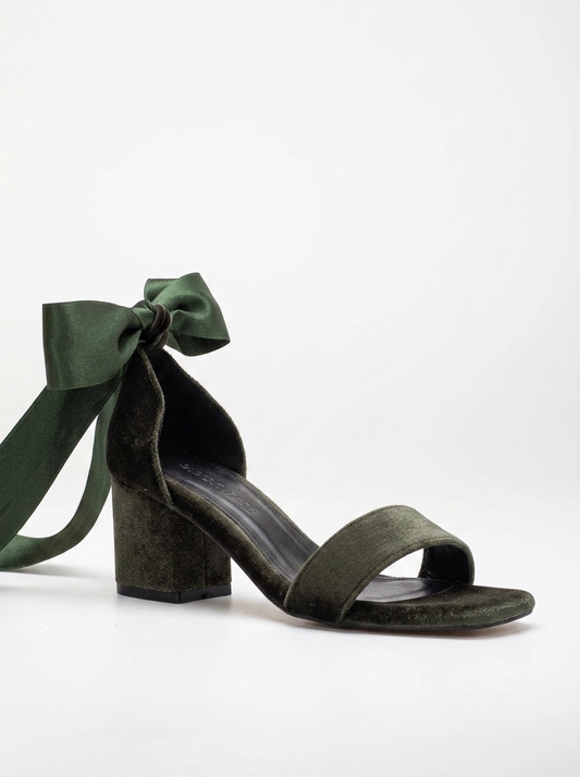 Hera - Olive Green Velvet Low Heel Sandals with Ribbon