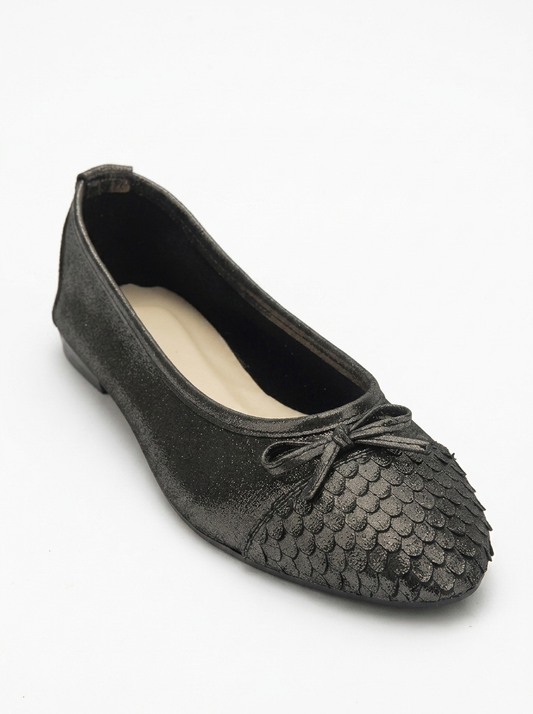 02 - Black Glitter Genuine Leather Ballet Flat (Women)