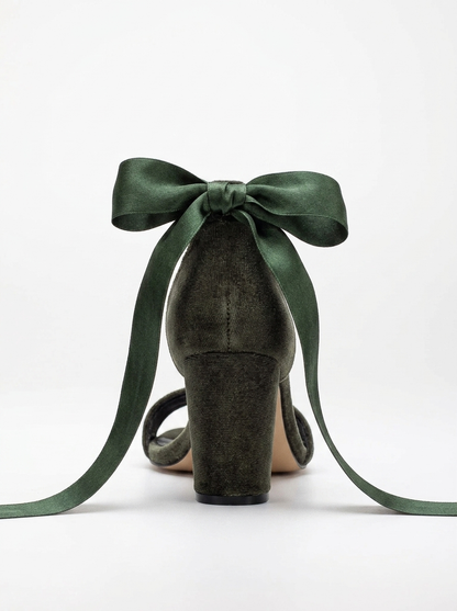 Ariadne - Olive Green Velvet Sandals with Ribbon