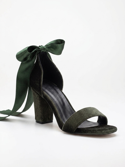 Ariadne - Olive Green Velvet Sandals with Ribbon