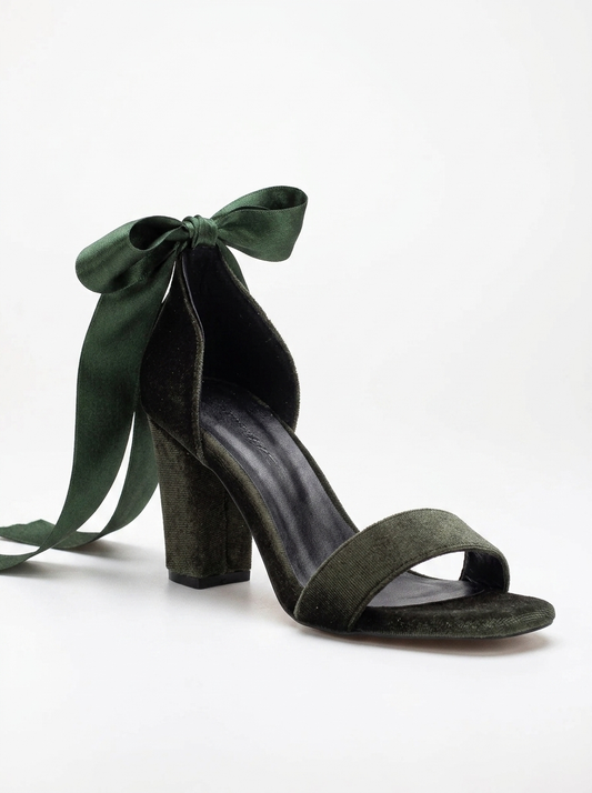 Ariadne - Olive Green Velvet Sandals with Ribbon
