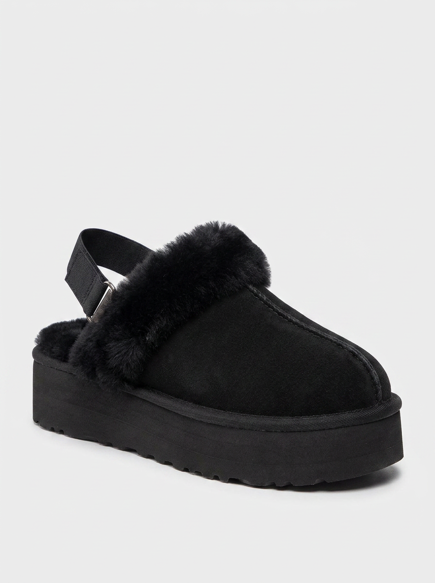 Olessa - Black Genuine Leather Suede Fur-Lined Slipper (Women)