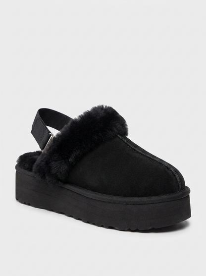 Olessa - Black Genuine Leather Suede Fur-Lined Slipper (Women)